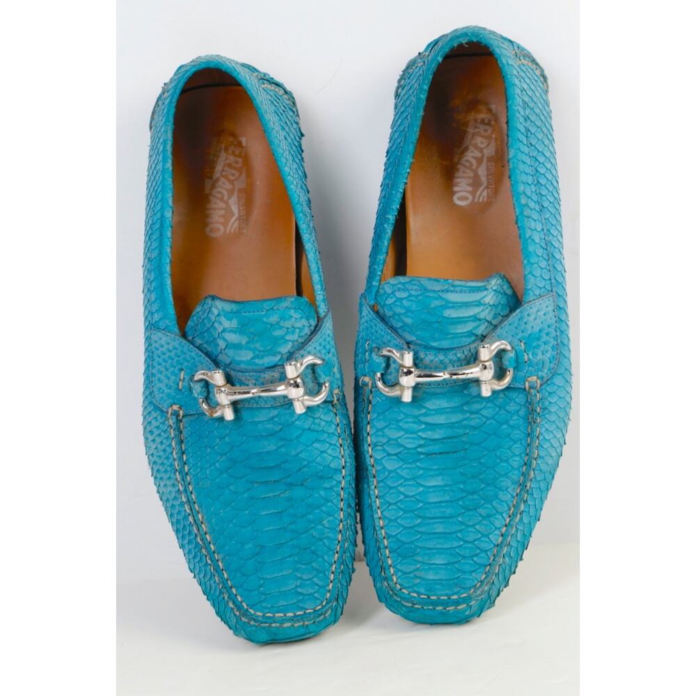 Salvatore Ferragamo Loafers 13 D Blue Python Snakeskin Gancini Bit Driving Shoes - Picture 2 of 16